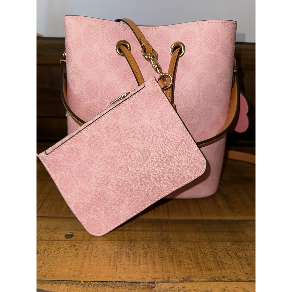 NWT Coach Bucket Bag Women's Medium Pink Signature Canvas Leather Crossbody - Picture 2 of 14